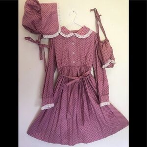 🩷 Rare Vintage 1959 Pink Cottage Core White Eyelet Prairie Dress & Matching Set